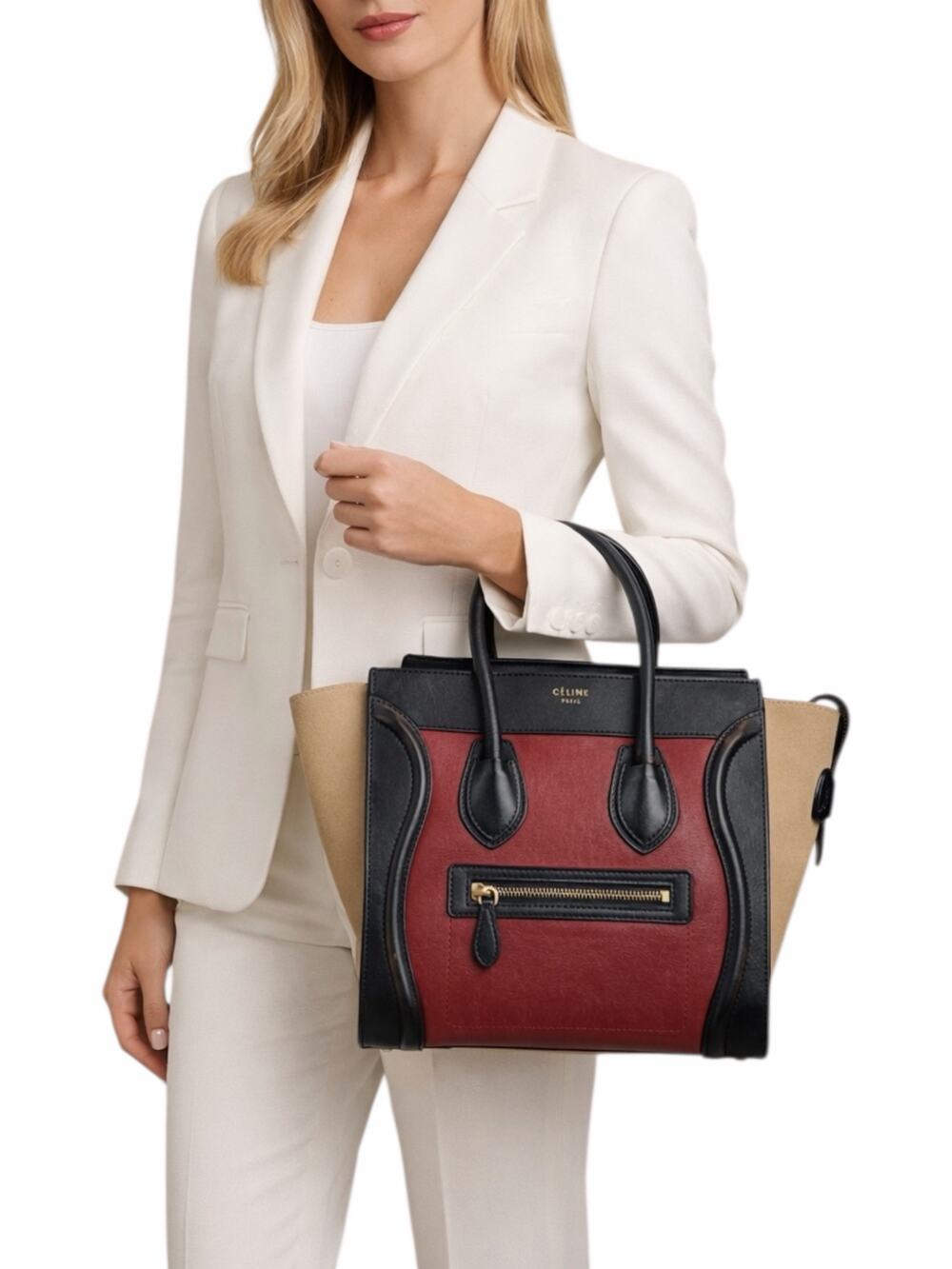 Celine Tricolor Mini Luggage Tote Bag Calf Leather Suede Rust Red Black